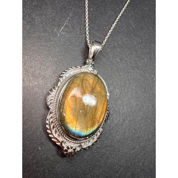 NEW Flashy fire labradorite pendant and chain in stainless steel 20inch - Picture 13 of 16